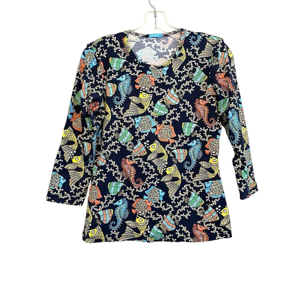 J. McLaughlin Signature Top Shirt Size Small Catalina Diamond Fish Coral Stretch